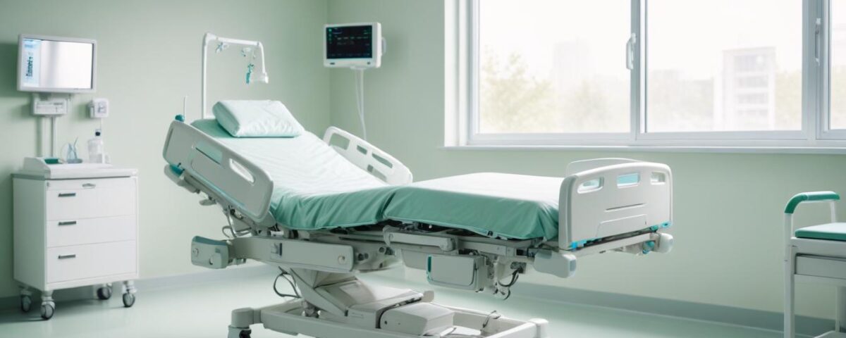 Cama hospitalaria eléctrica articulada en una habitación clínica