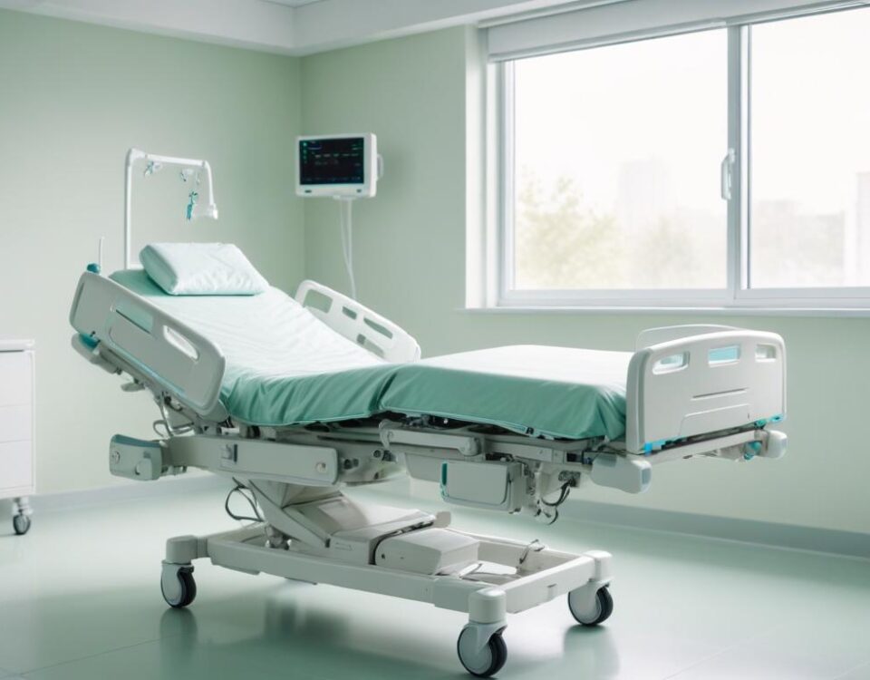 Cama hospitalaria eléctrica articulada en una habitación clínica