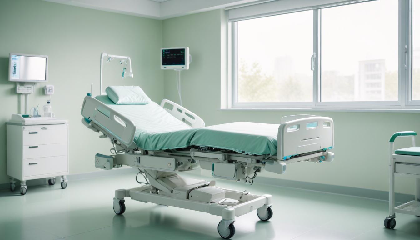Cama hospitalaria eléctrica articulada en una habitación clínica